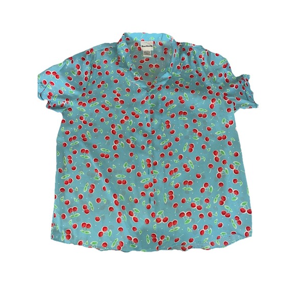 BonWorth Tops - BonWorth Womens Cherry Print Button Up Blouse Blue Polka Dot Short Sleeve Large